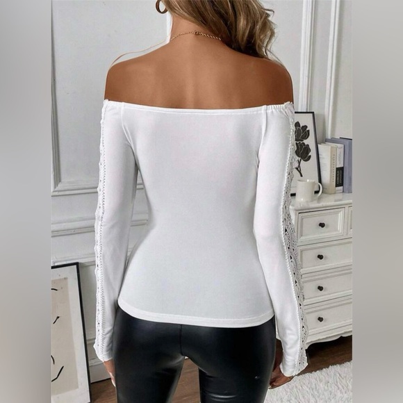 Off the shoulder crochet lace long sleeve white top cutouts cut out stretch XS 4 - Picture 2 of 2